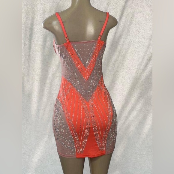 🍊 Orange Rhinestone Mesh Mini Dress - Picture 3 of 3